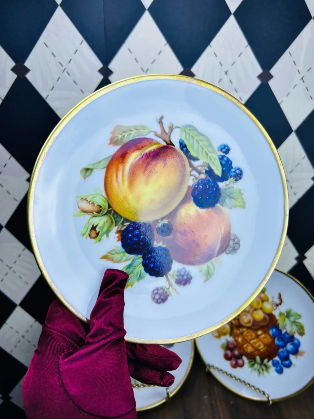 Vintage Mitterteich Bavaria Fruit Plates Set‎ of 6 Gold Rim German Porcelain